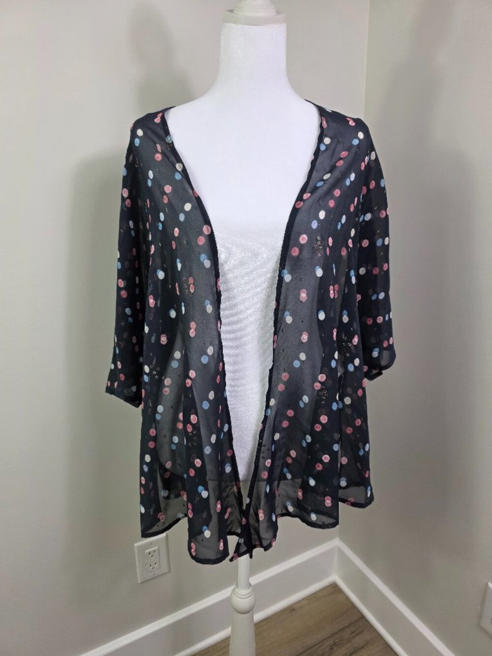 Bloomchic Overpiece Sheer Cardigan Size 12 Open Front Short Sleeve Navy Base